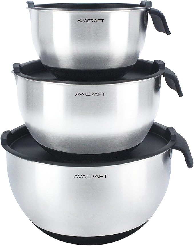 AVACRAFT 18/10 Stainless Steel Mixing Bowl Set with Lids, Black | Non-Slip Silicone Base, Ergonomic Handles, Pour Spouts, Interior Measurement Marks, Nesting Design, Dishwasher Safe