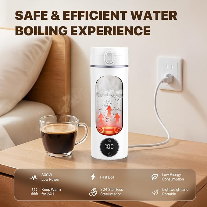 Portable Travel Electric Tea Kettle,6 Preset Temp Plug-in Keep Warm,15 OZ Small Hot Water Boiler,304 Stainless Steel,Auto Shutoff&Boil Dry Protection,Termo Electrico Portatil for Hotel,RV Travel White