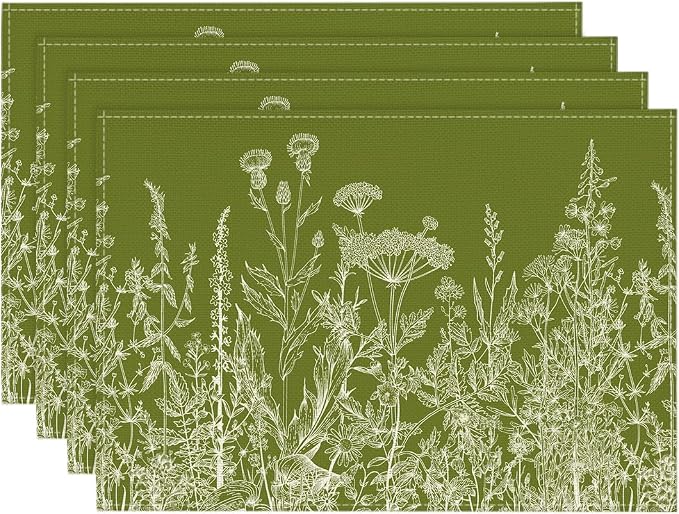 Artoid Mode Antique Herbs and Wild Flowers Spring Placemats Set of 4, 12x18 Inch Seasonal Sage Green Summer Table Mats for Party Kitchen Dining Decoration