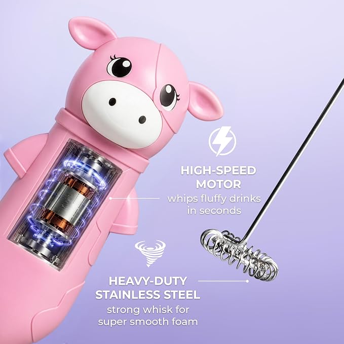 Zulay Kitchen Cow Milk Frother Wand – Cutesy Frother, Meet Your New Frothing Buddy Bubblegum The Cow, Adoption Papers and Stickers Included, Purrr-fect for Lattes, Cappuccino & Matcha – Pink