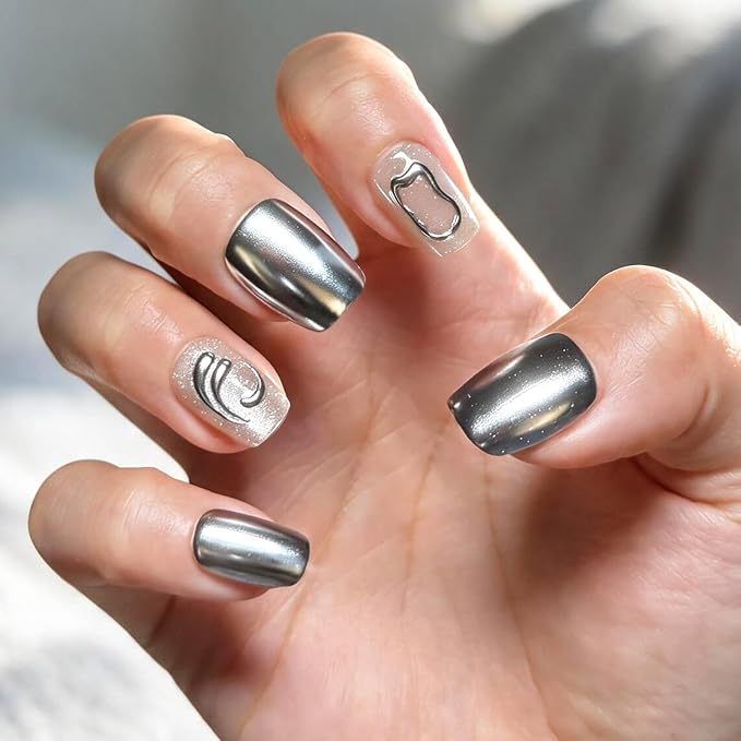 6 Packs (144 Pcs) | Reusable Press on Nails | cute nails | 6-Style Bundle | 12 Sizes | Each Style 24 Pcs | Luxury Chrome & 3D