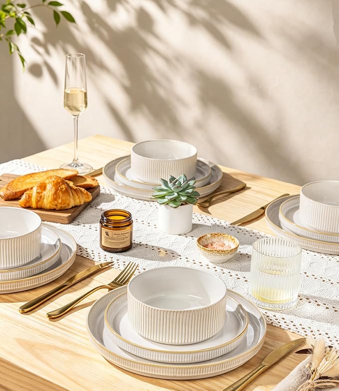 GBHOME Stoneware Dinnerware Sets for 4, 12 Pieces Plates and Bowls Set | Lightweight Ceramic Ribbed Dishes,Reactive Glaze Stackable Plate Set,Scratch Resistant,Microwave Dishwasher Safe,VanillaLatte