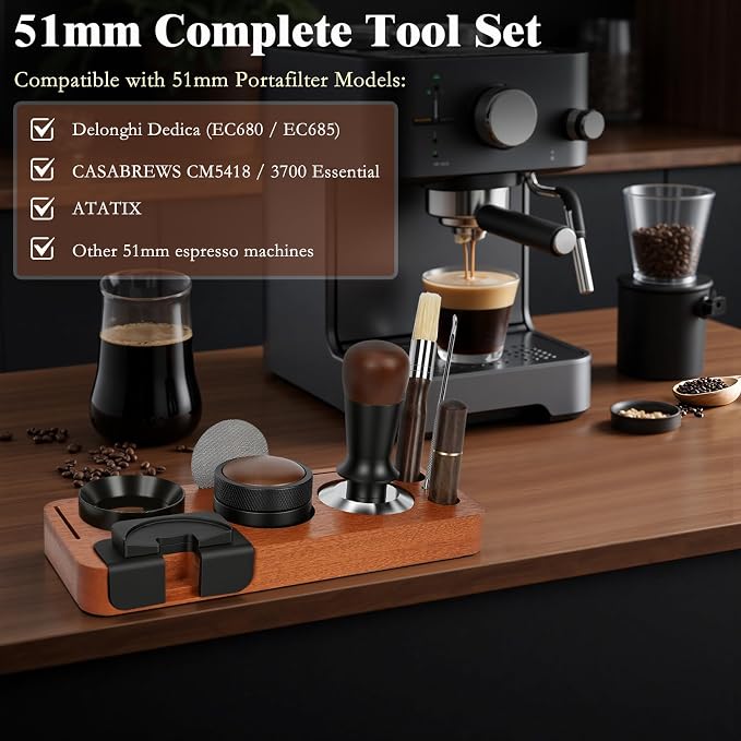 8 PCS Espresso Accessories Kit, 51mm Espresso Tamper Kit Coffee Tamper Set with Coffee Distributor, Espresso Tamping Station, WDT Tool, Dosing Funnel, Fits Delonghi 51mm Portafilter