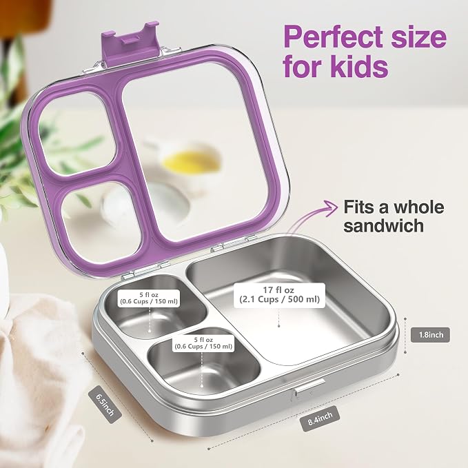 HOMEKOL Stainless Steel Bento Lunch Box, Purple, 3.3Cups | 3-Compartment,Leak-Proof, for Kids & Adults, BPA-Free, Dishwasher Safe, Clear Tritan Lid, 800ml (Not Insulated)