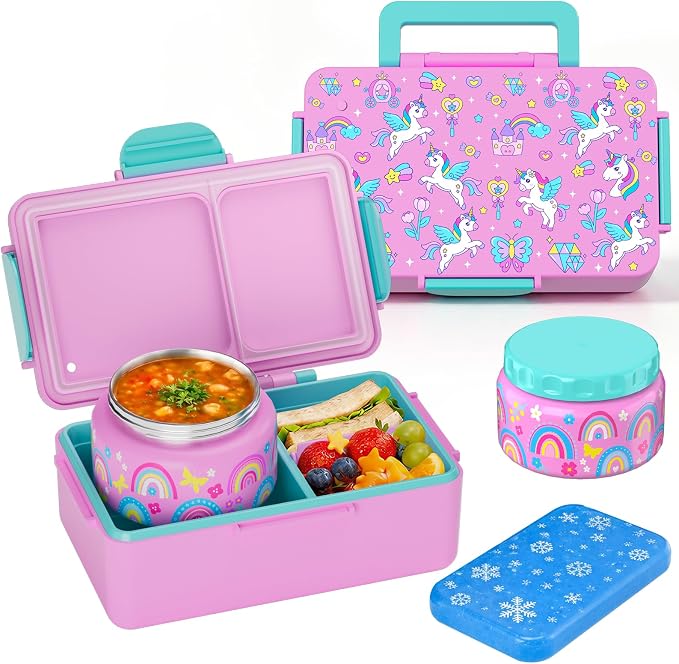 Bento Lunch Box for Kids–12oz Insulated Stainless Steel Soup Jar and Built-in Ice Pack, 3-Compartment Leak-Proof Kids Bento Box for Girls Boys School Travel