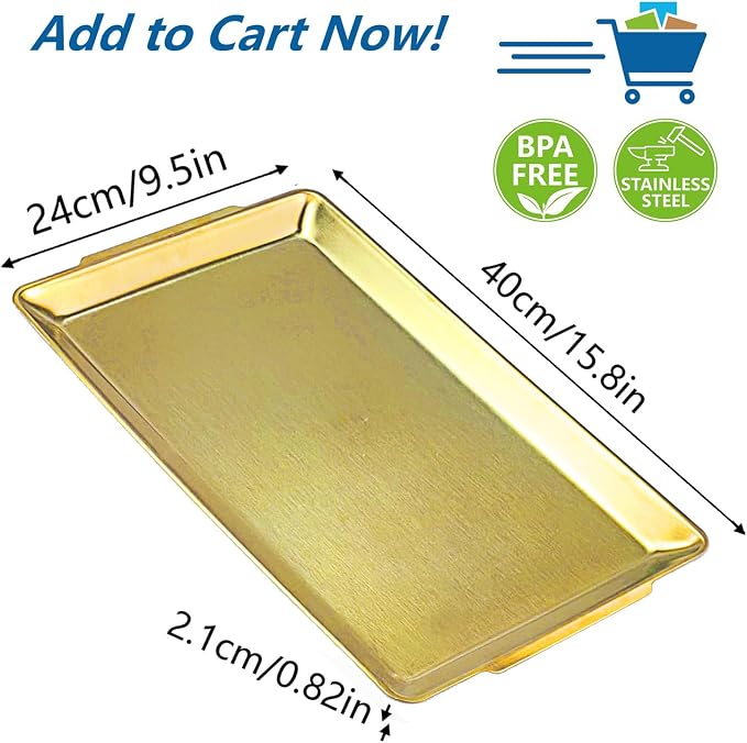 15.8" x 9.5" Large Serving Platters, Stainless Steel Heavy-Duty Large Serving Trays, Gold Rectangular Plates for Food, Fruit, Party, Wedding, Christmas, Chip and Scratch Resistant