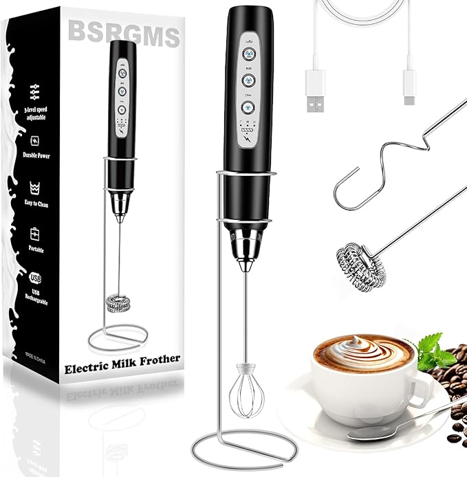 Milk Frother Wand Rechargeable Handheld Whisk Coffee 3 Speed Adjustable | Electric Whisk Drink Mixer with Stainless 3 Whisks Hand Frother , Foam Maker for Latte Cappuccino Matcha Egg Silver