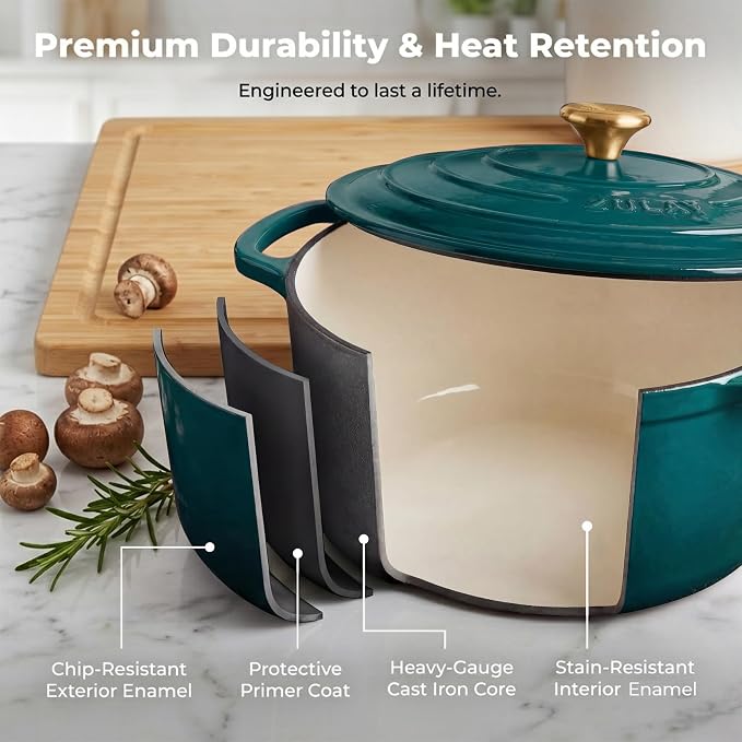 Zulay Kitchen 7.7 Quart Enameled Cast Iron Dutch Oven Pot with Lid – Premium Durability & Oven Safe up to 500°F – Heavy Duty Cookware Perfect for Bread Baking, Stews, Braising & Roasting – Emerald