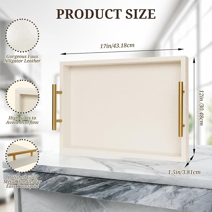 SXNOWS Faux Leather Serving Tray with Gold Handles, 17x12 in | Elegant Cream Rectangle Decorative Tray, Perfect for Ottoman Coffee Table Kitchen Bar, Stylish Gift for Home Decor