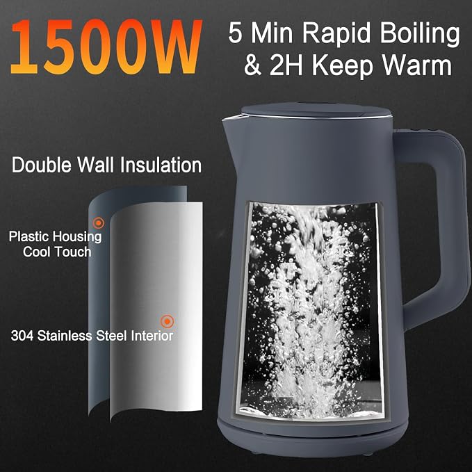 1.5L Electric Kettle Temperature Control,Gray | Double Wall Cool Touch Teapot, Fast Boil, 5 Temperature Control, LED Display, Auto Shut-Off & Keep Warm