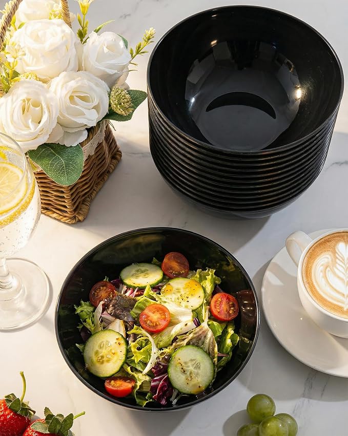 bUCLA 50 Pack Black Plastic Serving Bowls - 24oz Disposable Bowls for Dessert, Soup, Cereal, Salad & Fruit - Ideal for Wedding & Party