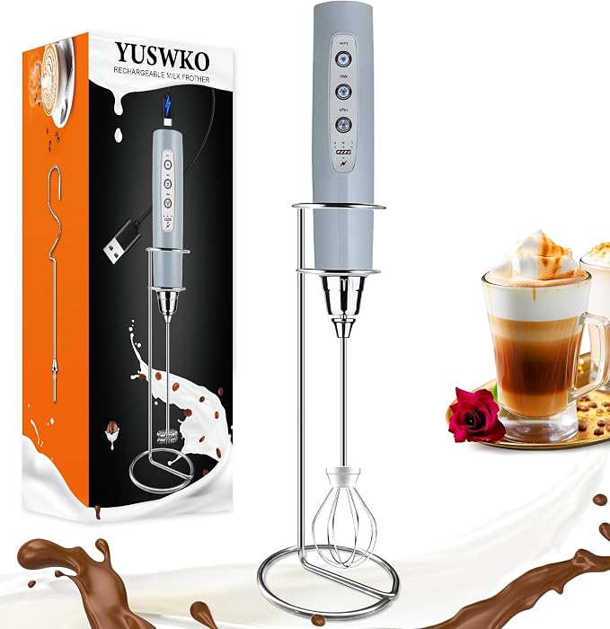 YUSWKO Rechargeable Milk Frother for Coffee, Handheld Drink Mixer with 3 Heads 3 Speeds, Ideal Electric Stirrers for Travel | Drink Mixer Wand Coffee Frother Handheld With 3 Heads 3 Speeds For Latte, Cappuccino, Hot Chocolate, Egg, No Stand, Gray