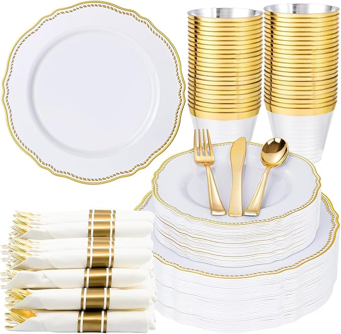 175 Pcs White and Gold Plastic Plates Wedding & Party | Gold Plastic Dinnerware Set Includes 25 Dinner Plates, 25 Dessert Dinnerware, 25 Cups, 25 Rolled Napkin Cutlery