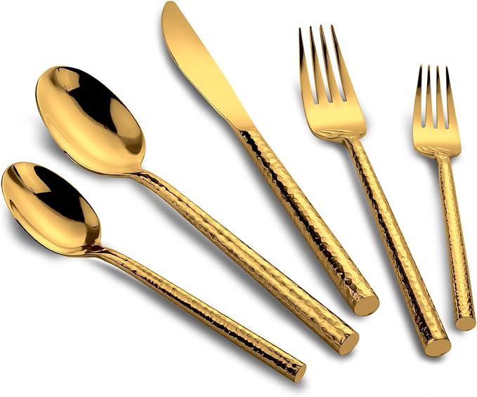 Gold Flatware Set Round Hammered Handle 20 Pieces Service for 4 | Silverware Set 18/10 Stainless Steel, Hand Forged Heavy Cutlery, Mirror Finished, Wedding Housewarming Gift, Dishwasher Safe