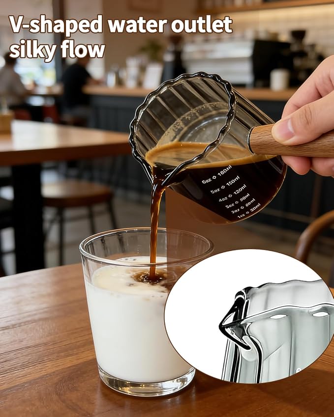 Espresso Measuring Cup 6 Oz, Espresso Glass Cups with Wood Handle, Milk Frothing Cup, Espresso Cup for Coffee, Milk, Tea or Maple Syrup Serving