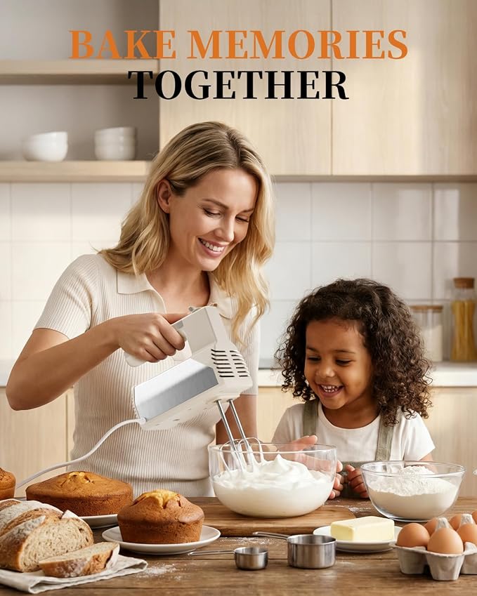 Hand Mixer 5-Speed 200W Turbo 4 Stainless Steel Accessories Classic White | Lightweight Electric Hand Mixers for Whipping Egg Cream&Baking Cakes with Turbo Ultra Power, Gift for Women and Mom