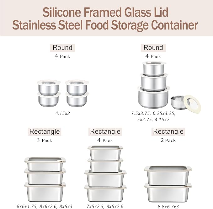 Stainless Steel Food Containers with Glass Lid, Airtight Leakproof Stainless Steel Food Storage Container, Salad Bowl in set of 4, Round Shape, Microwave Safe, 100% Plastic Free