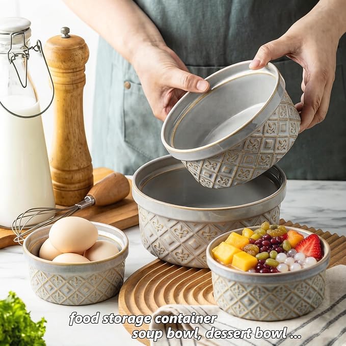Ceramic Mixing Bowls with Lids Set of 4, Embossed Nesting Storage Bowls for Cooking, Serving, Salad, Popcorn etc, Microwave and Dishwasher Safe, Baking Dishes 12/16/28/40 oz (Gray)