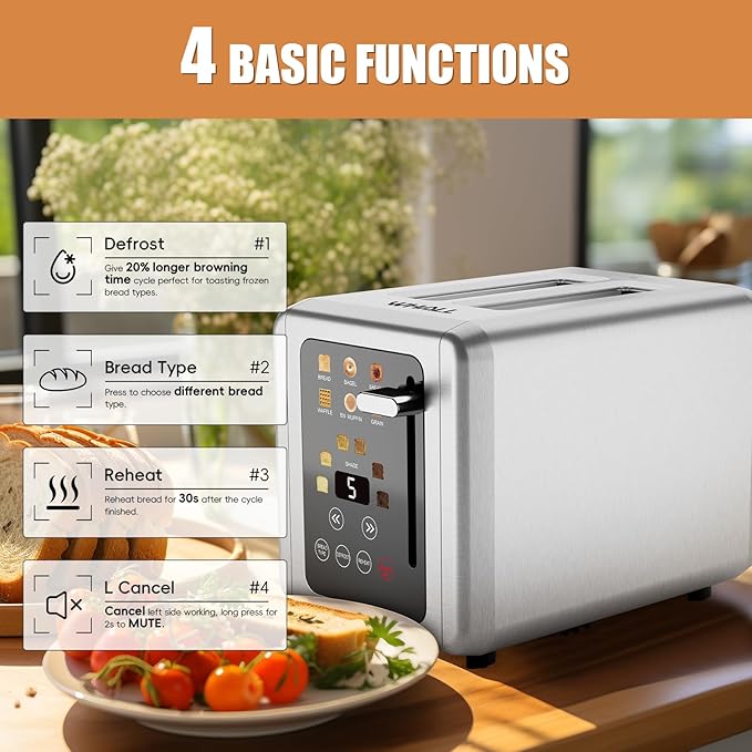 WHALL Touch Screen Toaster 2 Slice,Smart Digital Toaster with 1.5" Wide Slots,6 Shade Settings & 6 Bread Types,Memory Function,Countdown Timer,Brushed Stainless,Ideal Kitchen Gift & Essential