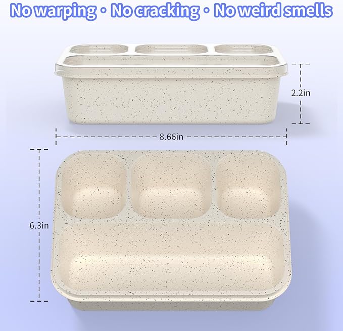 Bento Box 5-Pack, 4-Compartment Lunch Box for Women, Men & Kids, BPA-Free Wheat Straw Snack Containers, Ideal for Meal Prep, Travel, School, Work (White)