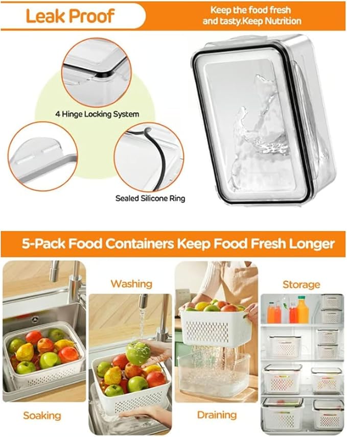4 in 1 Food Storage Container with Lid, 2026 New Fruit Storage Containers for Fridge, Transparent Produce Storage Box with Drain Basket & Removable Colander for Salad Berry Vegetables (Gray, L)