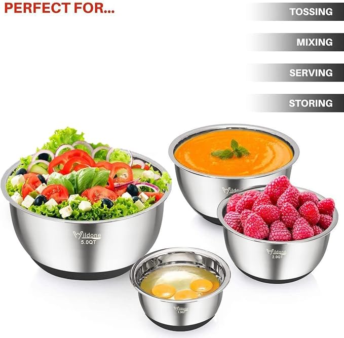 Wildone Mixing Bowls with Lids Set, Stainless Steel Mixing Bowls Set of 5 | Large Prep Metal Bowl Set with Non-slip Bottoms, Size 8, 5, 3, 2, 1.5 QT, Airtight Lids, Thicker Stainless Steel