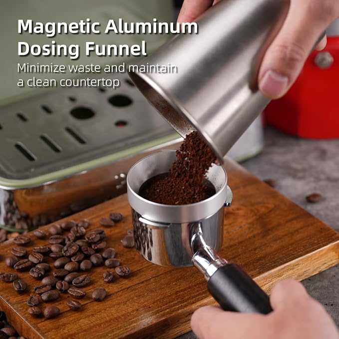 53.5mm Espresso Accessories Kit with Tamper, WDT Tool and Funnel | Rosewood spring-loaded espresso tamper and WDT tool espresso, 8 needles, aluminum dosing funnel, mat for 54mm Portafilter