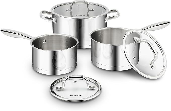 Rorence 3-Piece Stainless Steel Pots and Pans Set,1.5Qt/2.5Qt Saucepans,6Qt | Tri-Ply Base & All Stovetop Compatibility，Glass Lids & Oven Safe Design