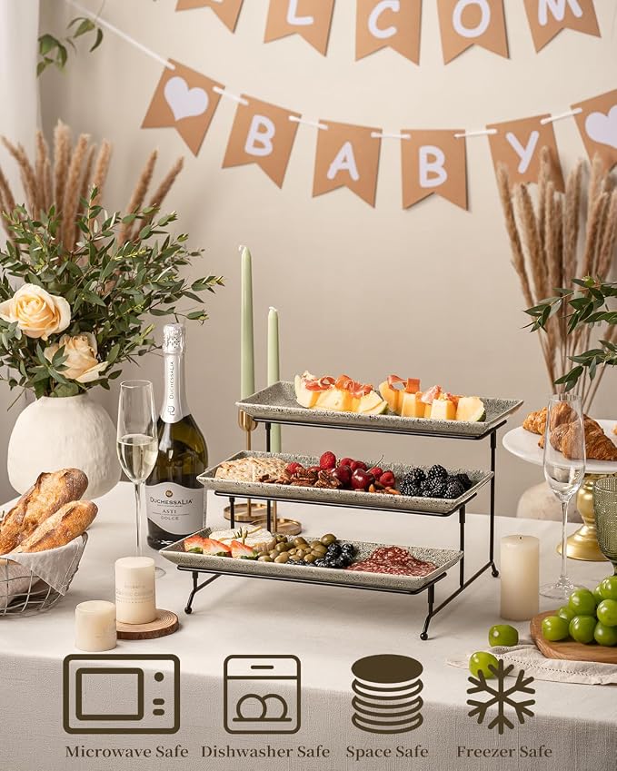 LAUCHUH 3 Tier Serving Trays for Party, Porcelain Dessert Party Display Set | 14 inch Serving Platters & Trays with Collapsible Sturdier Rack Tiered Tray Stand for Halloween Thanksgiving, Speckled Gray
