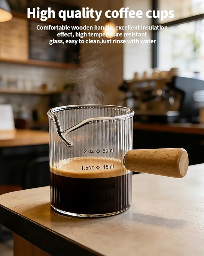 Espresso Measuring Cup 2 OZ, Espresso Glass Cups with Wood Handle, Milk Frothing Cup, Espresso Cup for Coffee, Milk, Tea or Maple Syrup Serving (Transparent, 2 oz)