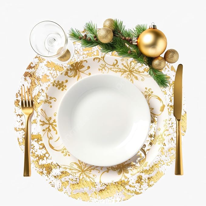 150PCS Gold Foil Placemats Disposable - 13 Inch Round Metallic Table Runner Set, Pressed Paper Doilies for Wedding Birthday Party Christmas Dining Decor (Golden Chargers Style)