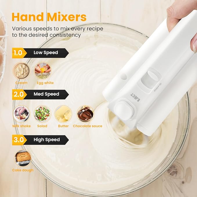 Cordless Hand Mixer, 3 Speed Rechargeable Hand Mixers Electric, Type-C Charging Cable Dual-head Whisk for Whipping Mixing Egg, Cake Dough, Mashed Potatoes and More