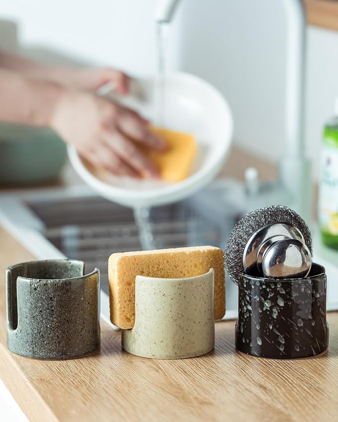 Zoeeker Sponge Holder for Kitchen, Ceramic Sink Caddy Scrub Sponge Rack | Dish Brush Rack Scrubbers Holder Scouring Pad Holder for Kitchen Sink, Bathroom, Kitchen Storage Organizer Accessories, Black
