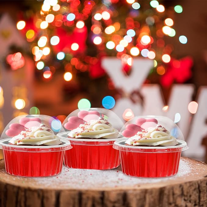 LNYZQUS 5oz Cupcake Tins with Dome Lids 100 Pack, Foil Dot Cake Cups | Mini Cake Pans and Containers, Disposable Ramekins, for Baking and Packaging, for Christmas, Round Red