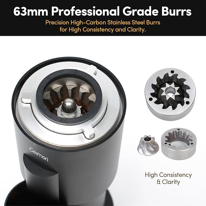 Burr Coffee Grinder,Wirsh Geimori GU63 Electric Single Dose Grinder with 63mm Conical Burr,Stepless Adjustment for Espresso&Pour Over,110 RPM Cold Grind, Low Retention Grinder with Magnetic Dosing Cup