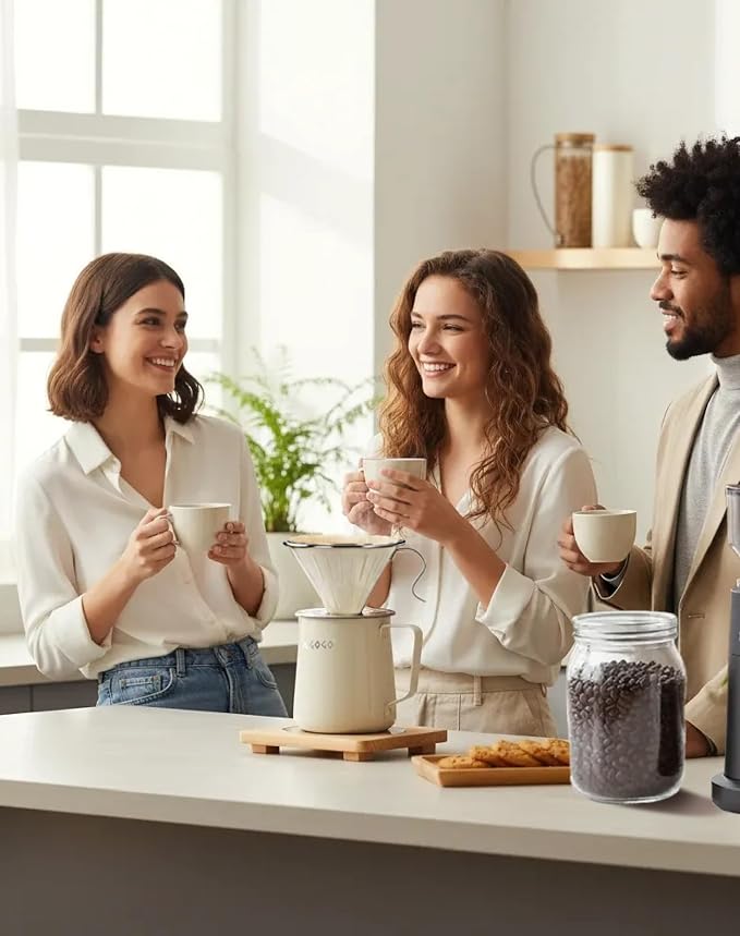 AGOGO Stainless Pour Over Coffee Maker Set, 50 Paper Filters, 20oz, Cream | Unbreakable carafe for kitchen RV camp and office, includes barista towel, lead-free food grade 304 stainless steel