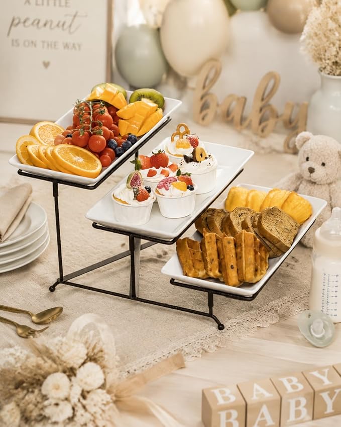 LAUCHUH 3 Tier Serving Tray for Party, Porcelain Tiered Serving Tray Stand | Serving Platter with Collapsible Sturdier Metal Rack Fruit Tray with 2 Cross Bars for Thanksgiving Day, 12 Inch, Bronze
