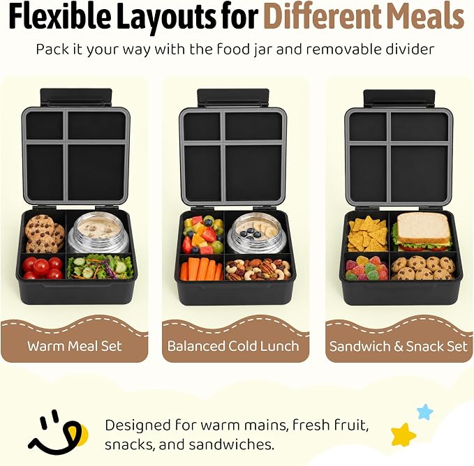 Bento Box for Kids with Thermo Food Container (9oz), 4-Compartment Lunch Box, Adjustable Divider, Leakproof Bento Lunch Box, Includes Utensils & Carry Bag for School, Office(Black)