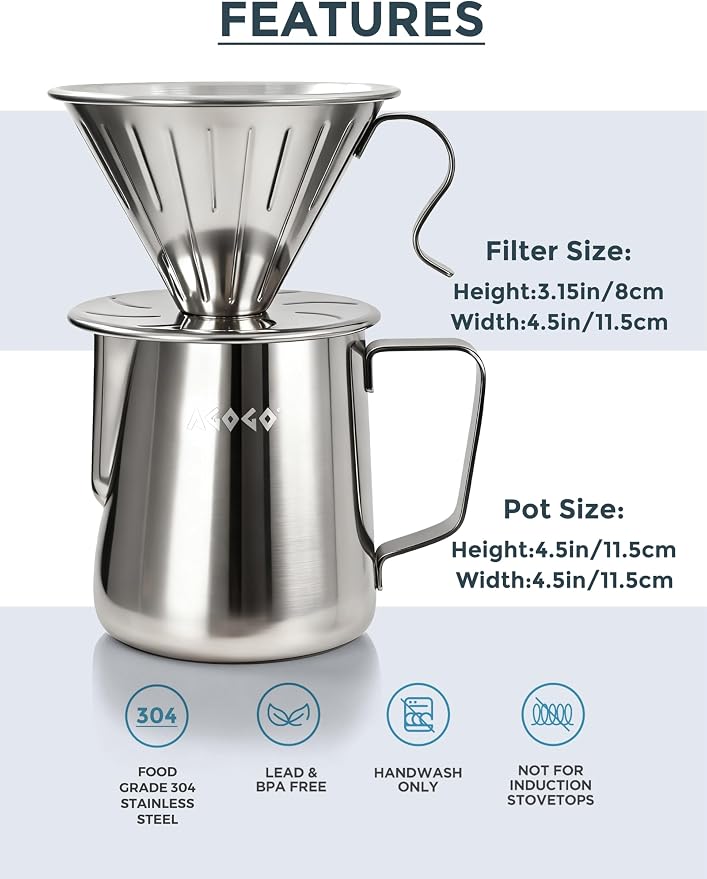 AGOGO Stainless Pour Over Coffee Maker Set, 50 Paper Filters, 20oz, Sliver | Unbreakable carafe for kitchen RV camp and office, includes barista towel, lead-free food grade 304 stainless steel