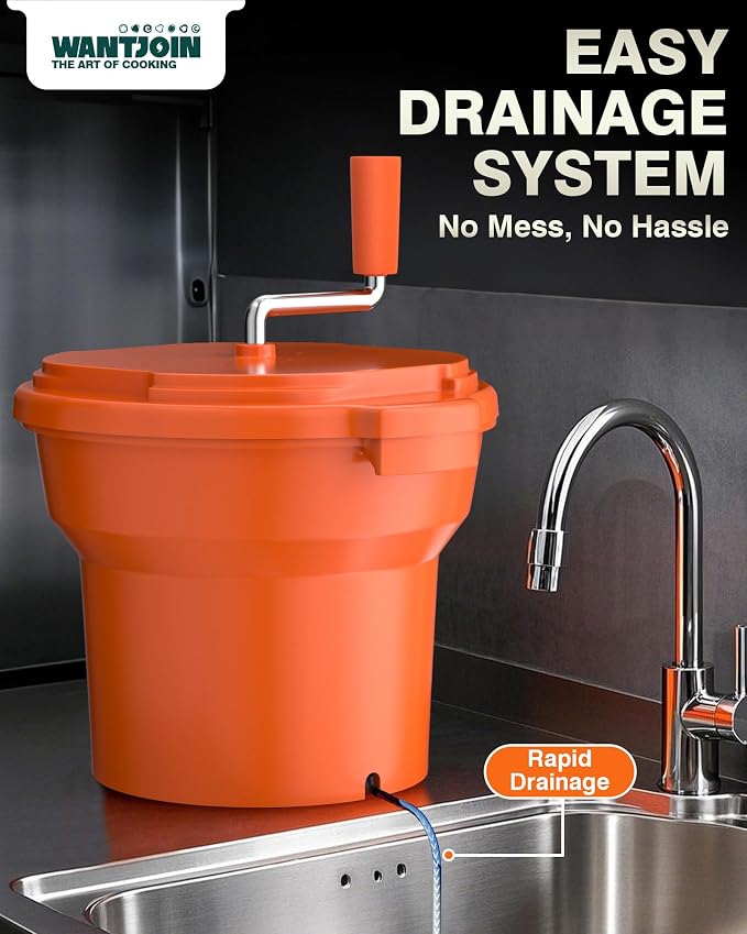 WantJoin Commercial Salad Spinner - [2.5 Gallon Salad Dryer] w/Aluminum Handle & [Draining Hose], 10Qt Manual Salad Spinner for up to 3 Heads of Lettuce Spinner Large for Catering Kitchen, Orange