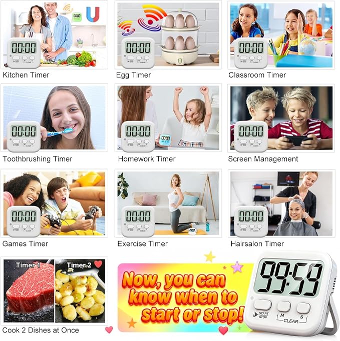 2 Pack Digital Timer for Kids Classroom Kitchen Timers for Cooking | w/ Battery, Easy to View, Alarm, Mute Mode, Count Down/Up, Magnetic, Kickstand, Hanging, Classroom Timer for Teacher Supplies