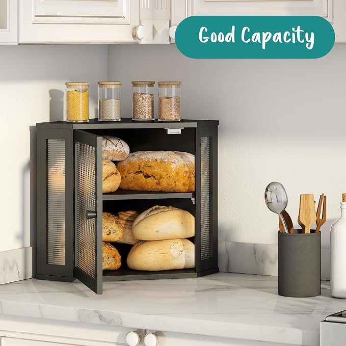 Corner Bread Box, Bamboo Bread Box for Kitchen Countertop, 2 Tier Wooden Bread Storage, Black