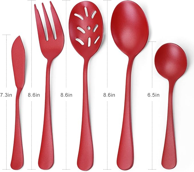 Bysta Serving Utensils Set, Red 5-Piece Hostess Set, Stainless Steel Silverware Flatware Cutlery Serving Set, Dishwasher Safe
