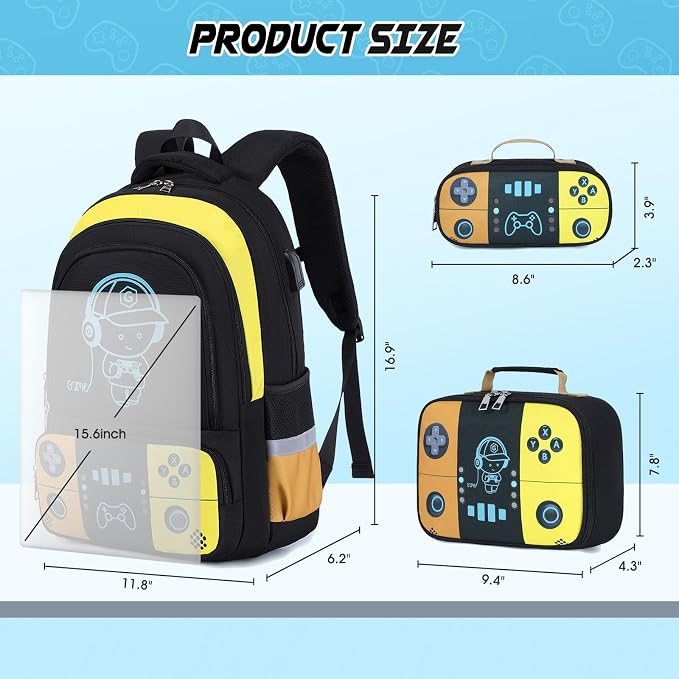Backpack for School Boys, Cool Luminous Gamer Boys Schoolbag | with Lunch Box & Pencil Case Set for Kids Teens Elementary Middle School, Bookbag Glow In The Dark
