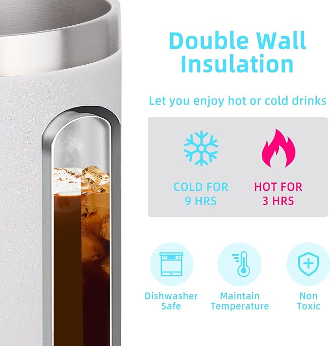Volhoply 14oz Insulated Stainless Steel Coffee Mug with Leakproof Lid,Double Wall Vacuum Travel Coffee Cup with Handle,Reusable Metal Cups Tumbler,Camping Mugs Keep Hot/Cold,Ideal Gifts(White,1)