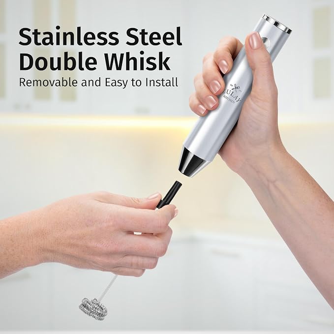 Zulay Kitchen Rechargeable Milk Frother Handheld - Frother Wand, Drink Mixer, Electric Whisk Frother, for Cappuccinos, Matcha & Protein Powder - Lux Double Whisk 2 Speed Waterproof 2000mAh Silver