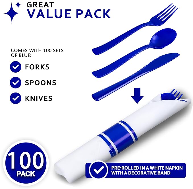 400PCS Pre Rolled Blue Plastic Silverware Set Heavy Duty for Wedding | Individually Wrapped Utensils, 100 Guests, Durable and Sturdy, BPA free, Includes Matching Napkins, for Festive Events