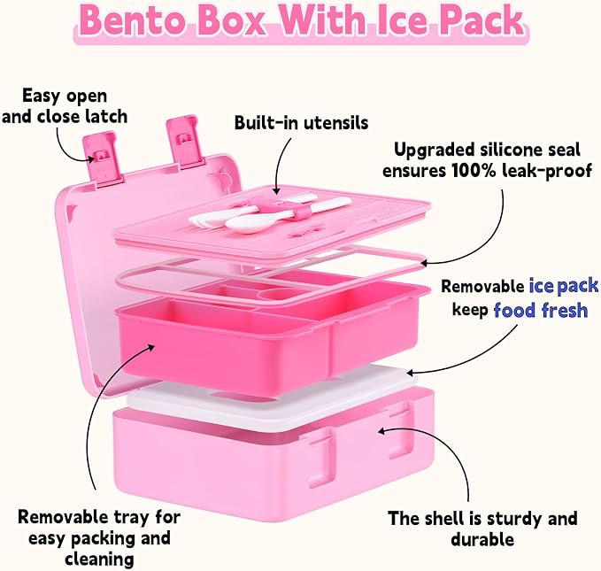 rockpapa Chill Bento Box for Kids with Ice Pack, 5-Compartments, Fairies | Large 5.5 Cups, BPA-Free, Leak Proof, with Utensils & Handle, Microwave/Dishwasher Safe, for School, Picnic, Boys, Girls