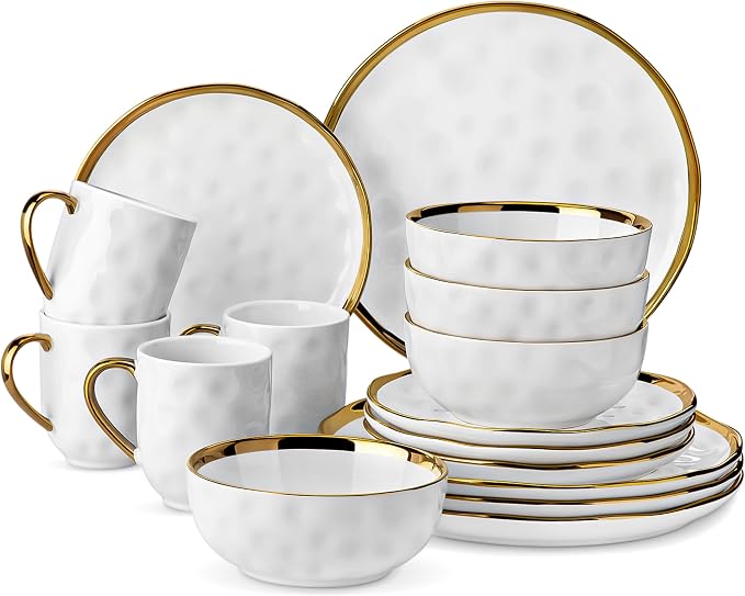 LOVECASA 16 Pieces Plates and Bowls Sets, Porcelain White and Gold Dinnerware Sets, Round Dinner Plates Dishes Set Service for 4, Dishwasher Safe and Scratch Resistant, White