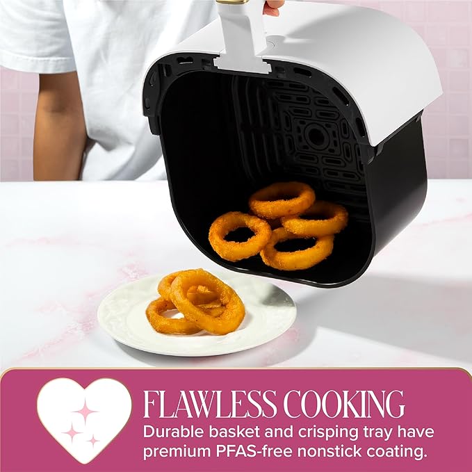 Paris Hilton 6-Quart Air Fryer, Nonstick Basket Made Without PFAS, Touchscreen, 8-in-1 (Fry, Roast, Broil, Bake, Reheat, Keep Warm, Pizza, Dehydrate), Dishwasher Safe Basket and Crisping Tray, White